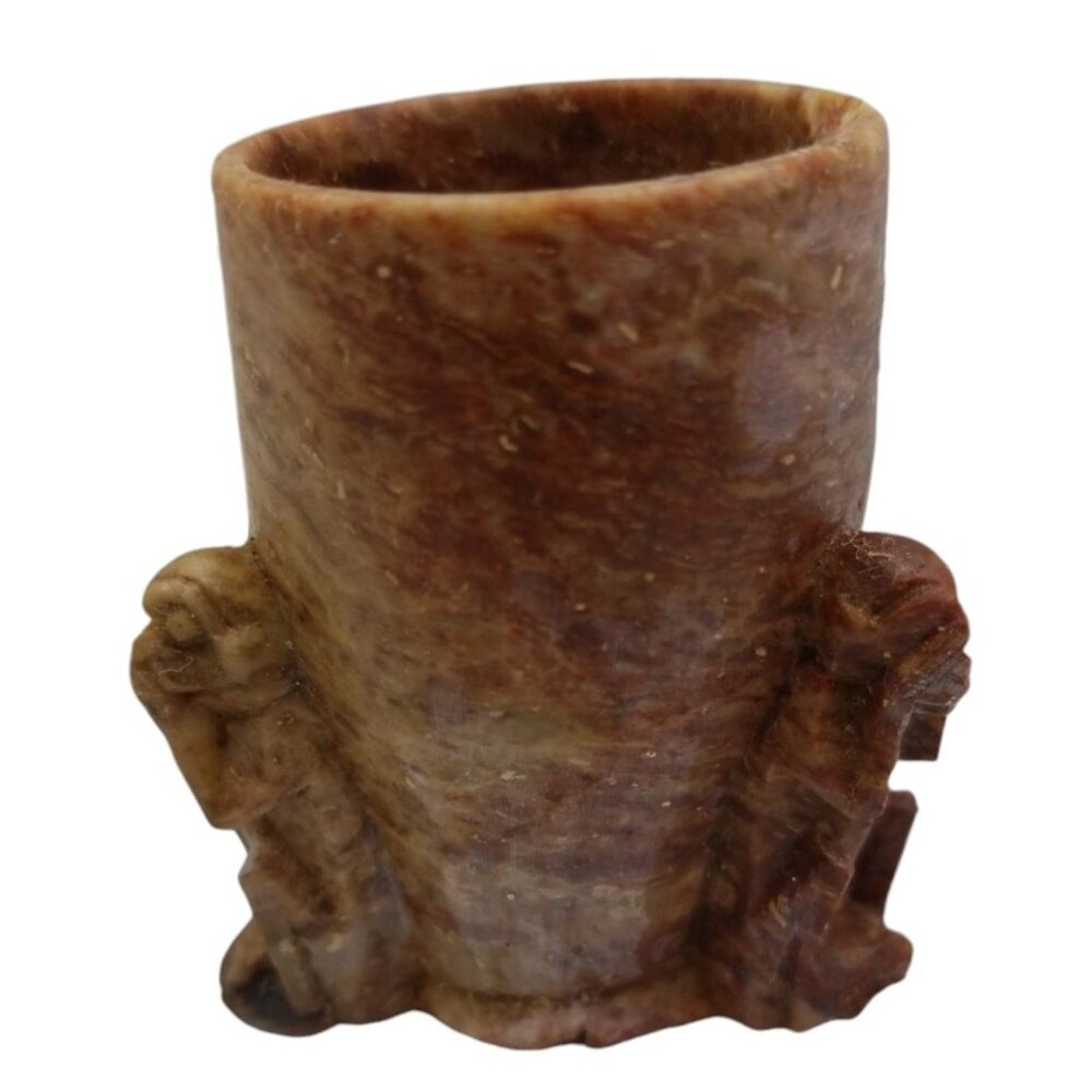 Vintage Hand-Carved Stone Cup With 3 Wise Monkeys See Hear Speak No Evil - Picture 3 of 11